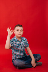 A nine-year-old boy in a shirt in a cage sits against a bright red background and makes a hand gesture. The child shows the symbol everything is fine.