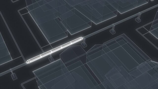 Modern train maglev hyperloop in cyber city the town of polygons 4k