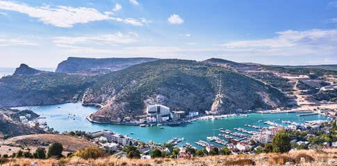 Naklejka na ściany i meble Panorama of the Balaklava Bay, city Sevastopol, Crimean Peninsula, Russia.