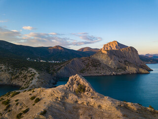 Fototapeta na wymiar Aerial view to rocks and seashore near Novy Svet bay in Crimea