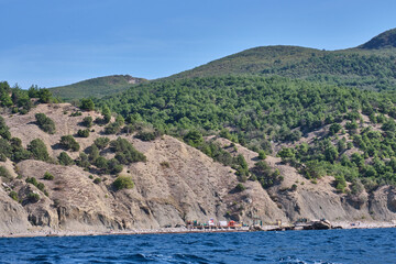 Fototapeta na wymiar View of the Naked or Silver Beach. Golyy or Serebryany. Balaklava environs, Sevastopol, Crimean peninsula, Russia.