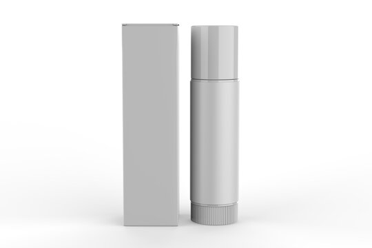 Multifunctional Empty Lip Balm Container Tubes with Twist Bottom and Top Cap and paper box. 3d render illustration.
