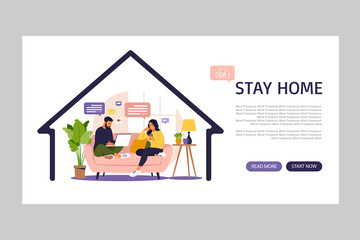 Women and man sitting in a sofa and working online at home. Landing page. Social distancing and self-isolation during corona virus quarantine. Vector illustration. Flat style.