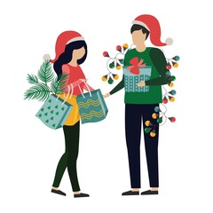 New Years holidays, Christmas. The guy and the girl congratulate each other on the holidays. People give gifts. New Year decoration. Vector illustration. Template for a banner or postcard.