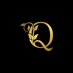 Golden Vintage Letter Q Nature Floral Leaves logo icon.