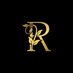 Golden Vintage Letter R Nature Floral Leaves logo icon.