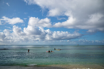 Sky and ocean in Waikiki, Hawaii, with tropical weather and  peaceful ocean.
