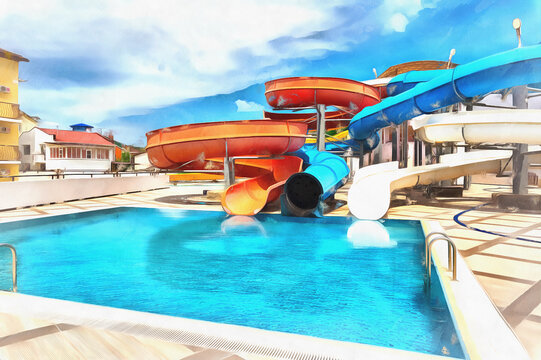 Public outdoor resort aeria with swimming pool and tubes