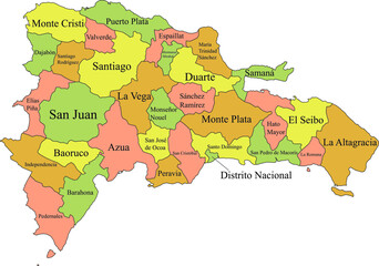 Pastel vector map of the Dominican Republic with black borders and names of it's provinces
