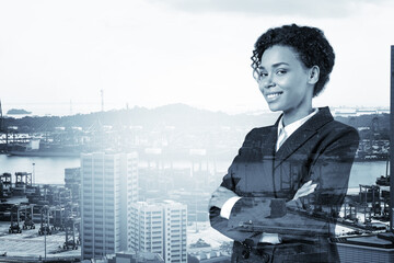 Smiling black African American business woman in suit in crossed arms pose. Singapore cityscape. The concept of woman in business. Investment fund. Double exposure.