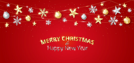 Naklejka premium Holiday banner with glitter decoration. Silver and gold sparkling frame. Vector Christmas border. Festive background with stars, snowflakes and balls. For winter season cards, headers, party posters.