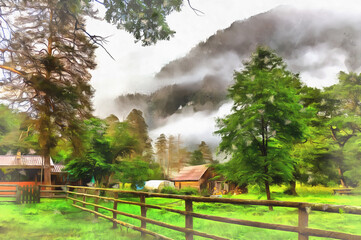 Fototapeta na wymiar Beautiful scene with farm and cloudy mountain on background