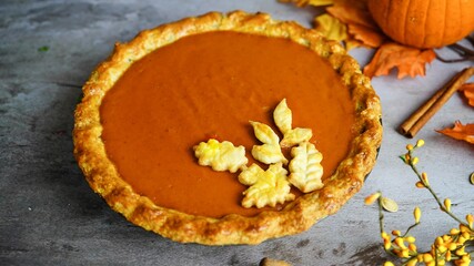 Obraz na płótnie Canvas Homemade pumpkin pie with pastry crust, selective focus