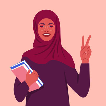 A muslim woman smiles and shows a victory sign. Happy Arab student with books wearing a headscarf. Hand gesture. Vector flat illustration