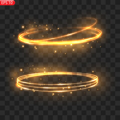 Fiery light circles glow effect, sparkling golden glitter. Light circle Effect Element Design on Black Background