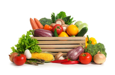Fototapeta na wymiar Wooden crate with fresh vegetables on white background