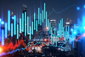 FOREX graph hologram, aerial night panoramic cityscape of Bangkok, the developed location for stock market researchers in Asia. The concept of fundamental analysis. Double exposure.