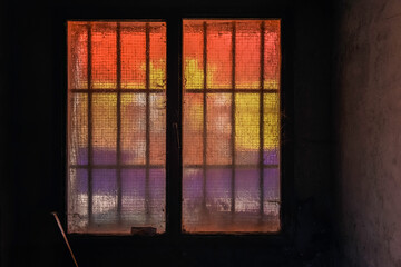 Spanish Republican Flag, Artistic composition, seen from a window behind bars, representing the oppression and historical events in the Civil War