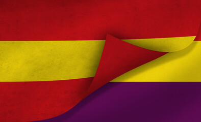 Spanish flag over the Republican Flag “tricolor”, symbol of the historical conflict in Spain
