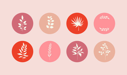 Feminine flower story highlight covers. Abstract leaf branch icons for social media hand drawn boho style. Vector illustration