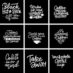 Set of Coffee lettering with quotes for prints and posters, menu design, invitation and greeting cards. Textured concepts on black chalkboard.