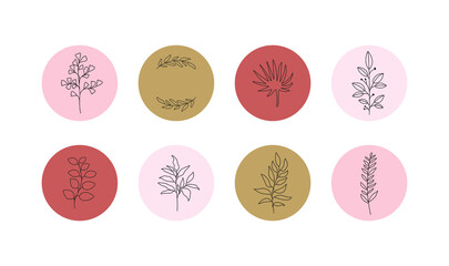 Feminine flower story highlight covers. Abstract line leaf branch icons for social media hand drawn boho style. Vector illustration