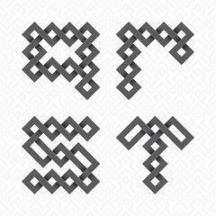 Font of interwoven strips. Q, R, S, T black relief letters on a white patterned background.