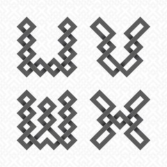 Font of interwoven strips. U, V, W, X black relief letters on a white patterned background.
