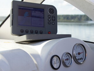 Fishing motor boat dashboard appliances control gauge on 6000 rpm, middle trim meter, full fuel...