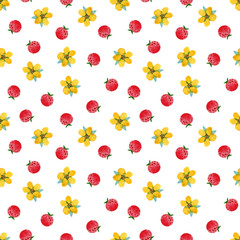 Seamless watercolor pattern with strawberries and yellow flowers on a white background.