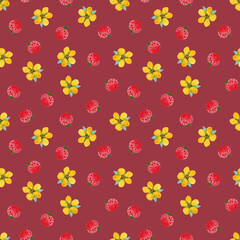 Seamless watercolor pattern with strawberries and yellow flowers on a burgundy background.