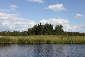 Midddle Russia riverscape, shore with beautiful green trees with reflection in calm water on blue sky with white clouds background at summer day, scenery Russian natural landscape view from water