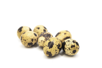 Obraz premium Quail organic eggs isolated on white background. Сopy space on a white background 