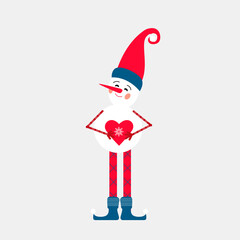 A Christmas Snowman with a gnomes cap and with 
 Valentine in his hand. Nordic style. Vector illustration on an isolated background.