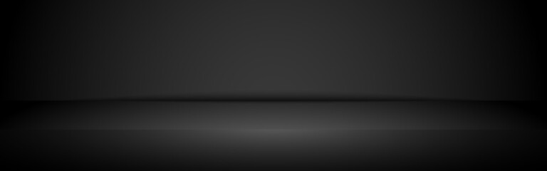 Black studio background. Empty studio wall. Luxury gradient room for displaying product. Abstract black mockup. Dark design template for advertising. Vector illustration