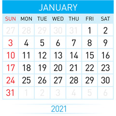 January Planner Calendar 2021. Illustration of Calendar in Simple and Clean Table Style for Template Design on White Background. Week Starts on Sunday