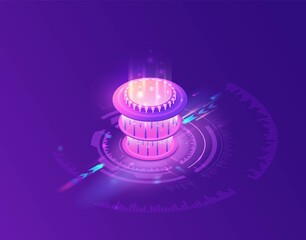 Quantum computer futuristic processor, chip with network, isometric vector illustration, glowing purple design, innovation cloud computing technology - 396866753