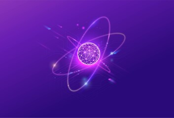 Quantum low poly wireframe icon, 3d vector physics symbol, neon glowing polygon illustration, good for futuristic concept - 396866773
