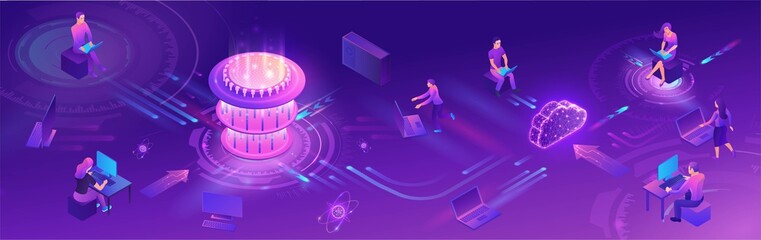 Quantum computer horizontal banner, futuristic processor, chip with network, isometric vector illustration, glowing purple design, innovation cloud computing technology