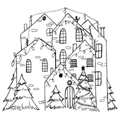 Houses in the winter city. Coloring book for adults.