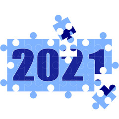 Figures of the new year 2021 in the form of a puzzle with several unassembled elements. Dark blue and blue puzzle pieces vector on white background isolated.