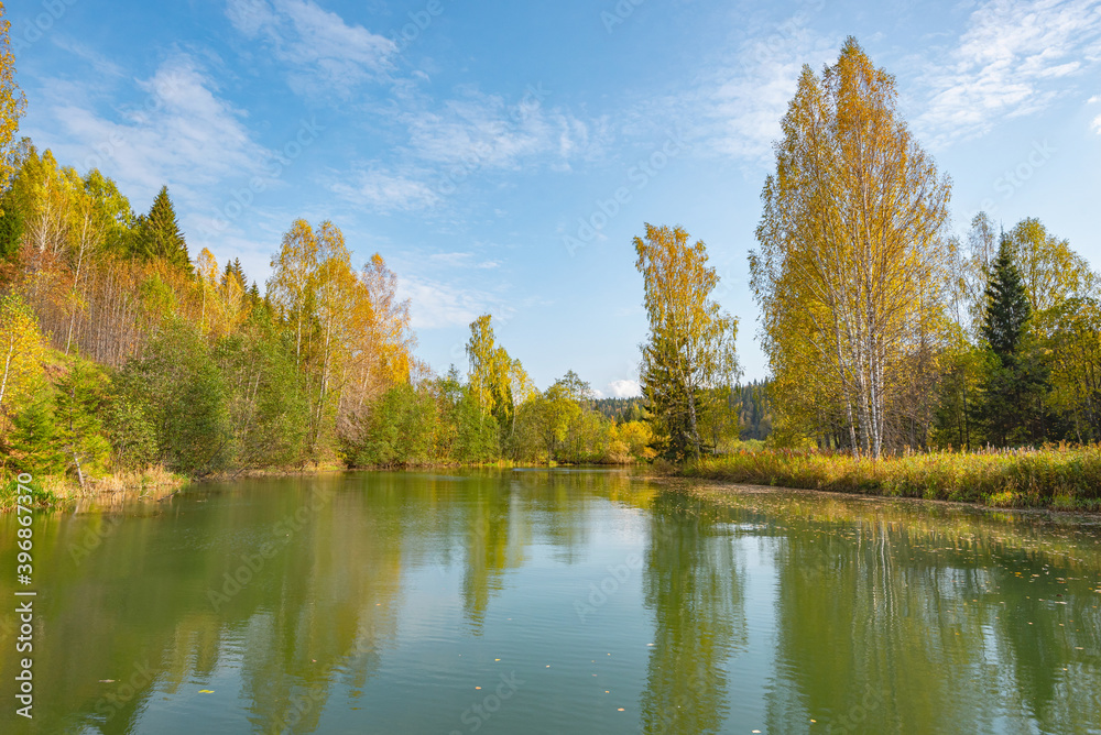 Wall mural autumn forest trees are reflected in the river water of the panoramic landscape. blue sky with cloud