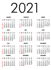 Simple and clean 2021 new year calendar black color on white background vector