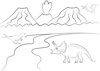 Coloring page outline of dinosaur on the background of nature.