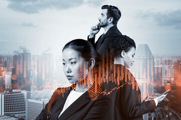 Group of business colleagues working on new venture capital and hi-tech start up and try to...