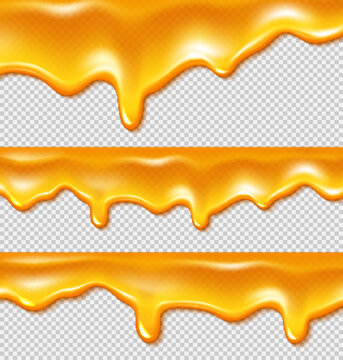 Dripping gold liquid honey borders isolated on transparent background. Vector realistic set of syrup flow with drops, oil, sticky caramel or sweet orange cream
