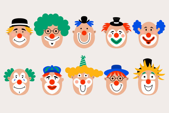 Clowns faces icon set. Vector flat illustration.