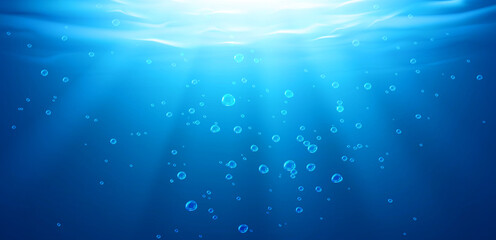 Underwater background, water surface, ocean, sea, swimming pool transparent aqua texture with air bubbles, ripples and sun rays falling, template for advertising. Realistic 3d vector illustration