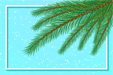Fototapeta na wymiar spruce branches on a blue background with snowflakes in the frame vector