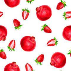 Seamless fruit pattern with pomegranates and strawberries on a white background.